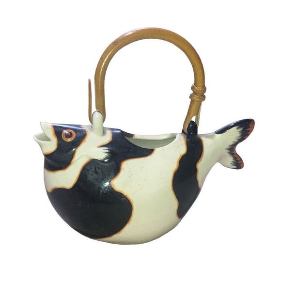 Vintage Animals & Co 1984 Collectible Hand Painted Porcelain Fish Bamboo Teapot - Picture 7 of 8